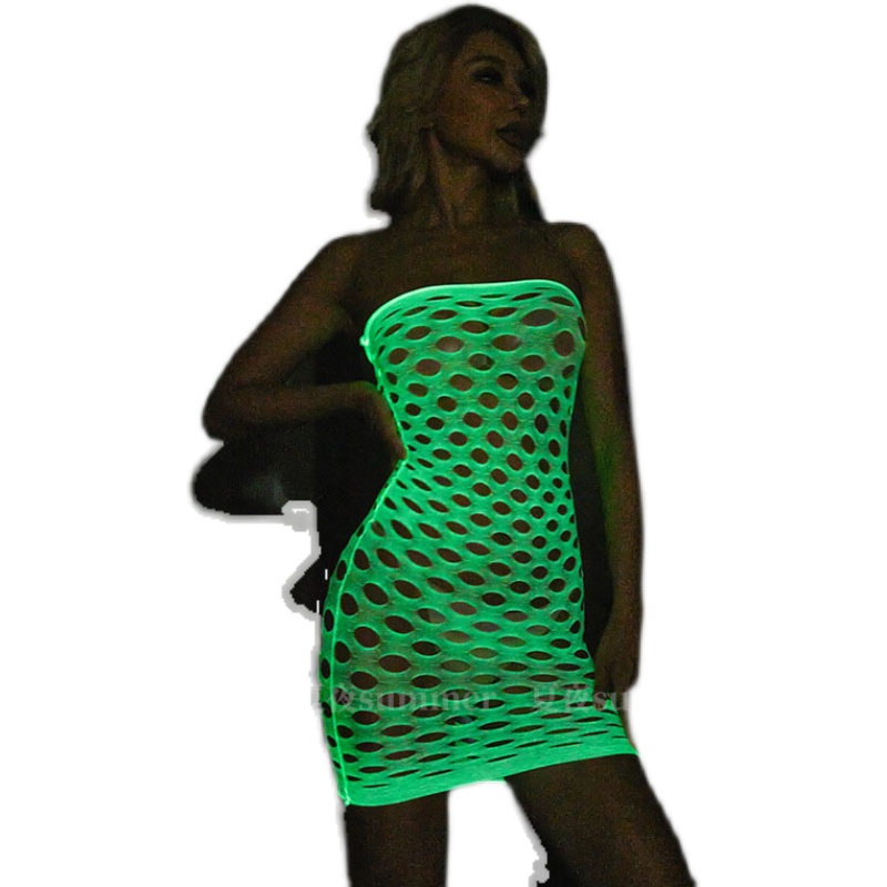 Bodystocking Fishnet - 夜光フィッシュネットボディストッキングプラスサイズレーステディドレスシアーパンティストラップレスビスチェナイトクラブパーティーウェア
