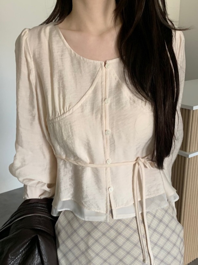 Corset Waist Cinch - 2026年春 レディース シックなバブルスリーブシャツ ウエストシンチングベルト付き スリムボタンアップ 韓国風