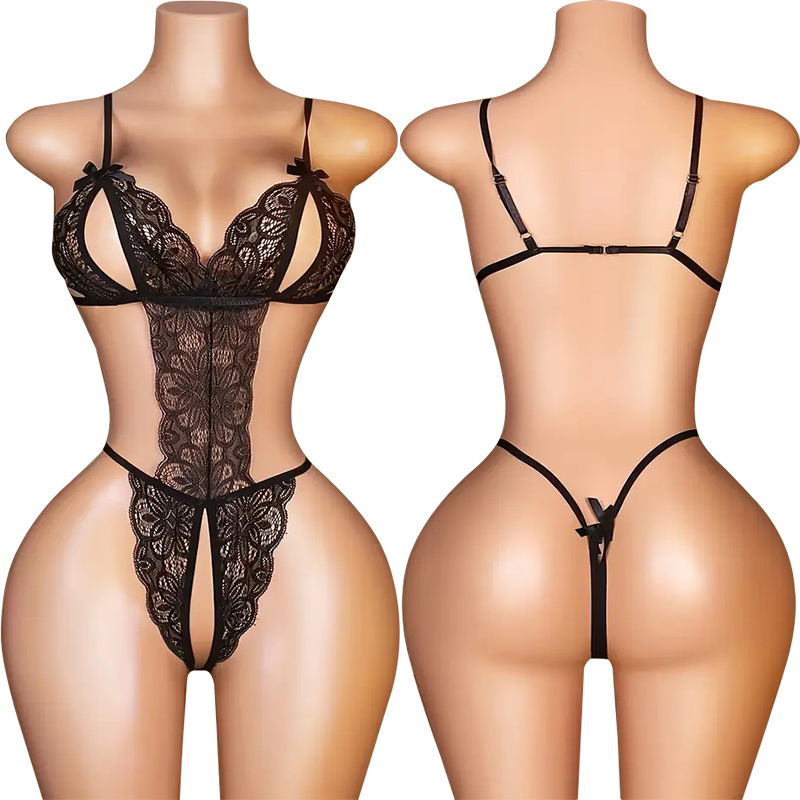 Bodystocking Fishnet - ワンピースセクシーなクロッチレスランジェリー女性用レースボウホローアンダーウェアセットエロティックコスチュームディープVオープンブラテディランジェリーセット