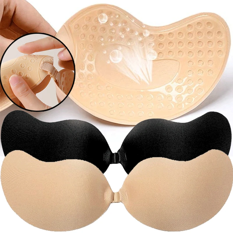 Silicone Bra Adhesive - 再利用可能な粘着式ニップルカバー A～Dカップ、シリコンパッド入りプッシュアップストラップレスブラ、ウェディングドレス用粘着式ランジェリー