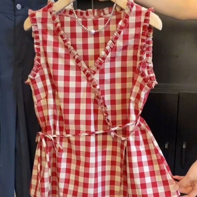 レトロな赤いチェック柄ノースリーブベスト女性の夏ウエストシン - Corset Waist Cinch のレビューと価格