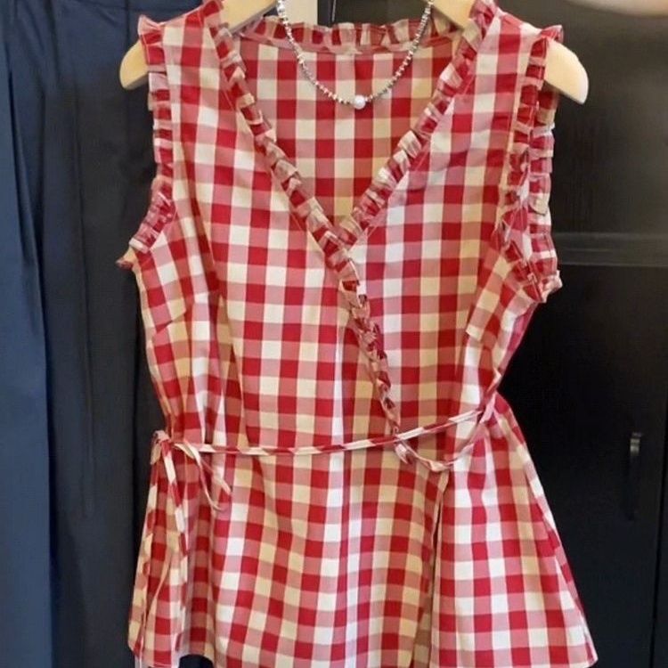 レトロな赤いチェック柄ノースリーブベスト女性の夏ウエストシン - Corset Waist Cinch のレビューと価格